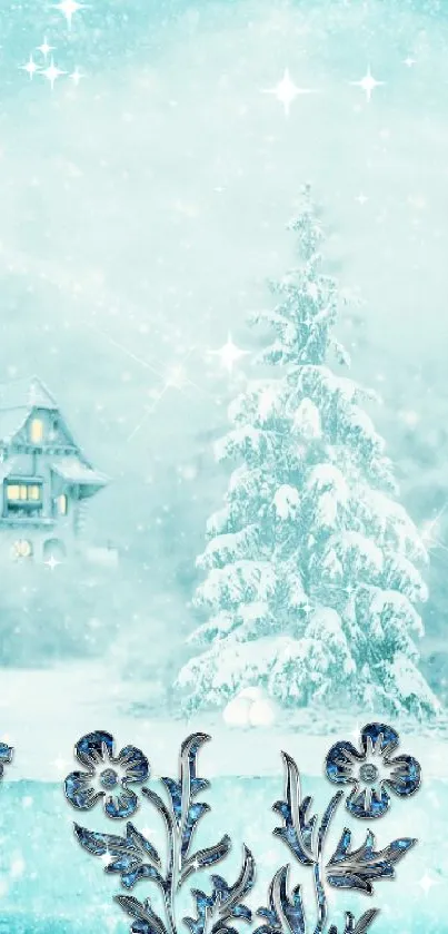 Winter wonderland wallpaper with snow and cabin.