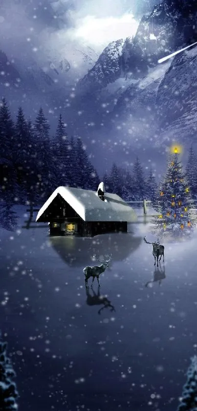 Snowy cabin and forest under a moonlit winter sky with Christmas tree.