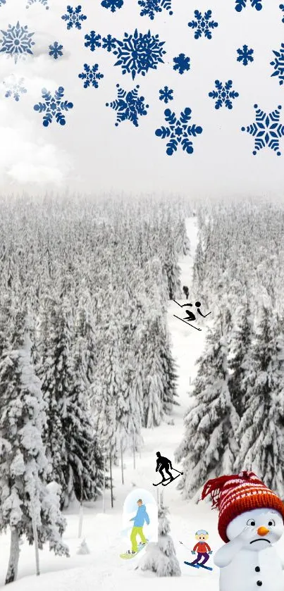 Snowy forest with skiing and snowman, winter wallpaper.