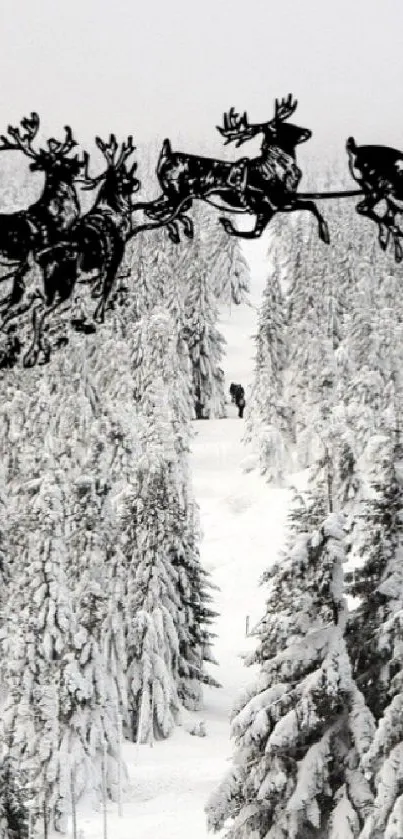 Snowy forest with Santa's silhouette sleigh.