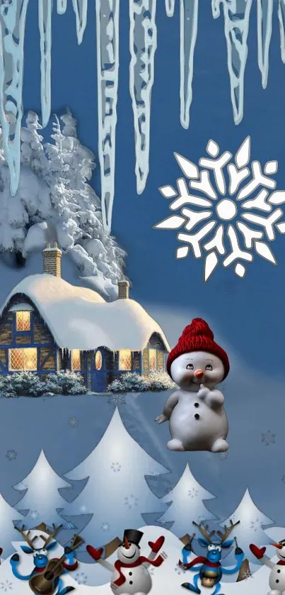 Charming winter wallpaper with snowman and cabin.