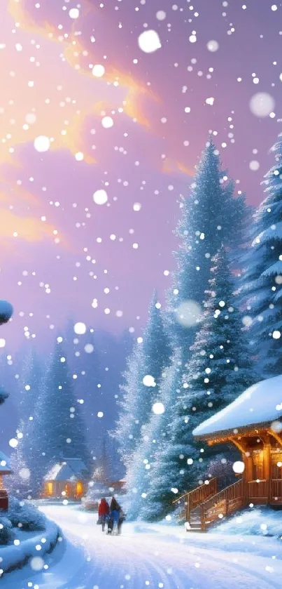 Snowy winter scene with cabins and trees at sunset for mobile wallpaper.