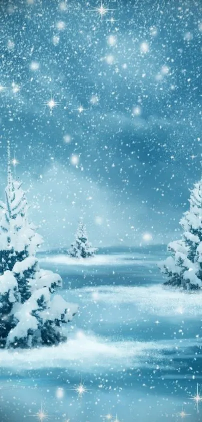 Snowy winter landscape with stars and trees on a mobile wallpaper.