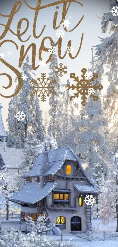 "Let it Snow" winter cabin in snowy forest wallpaper.