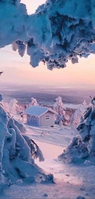 Snowy landscape with cabin and pink sky through frosted trees.