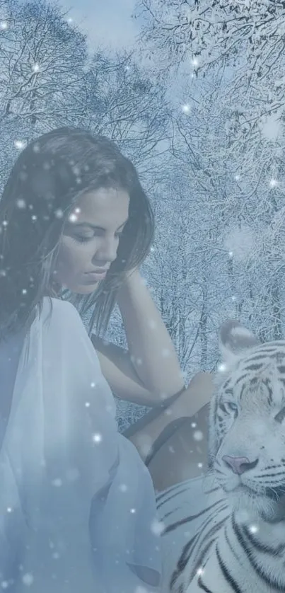 Serene woman and white tiger in snowy forest landscape.