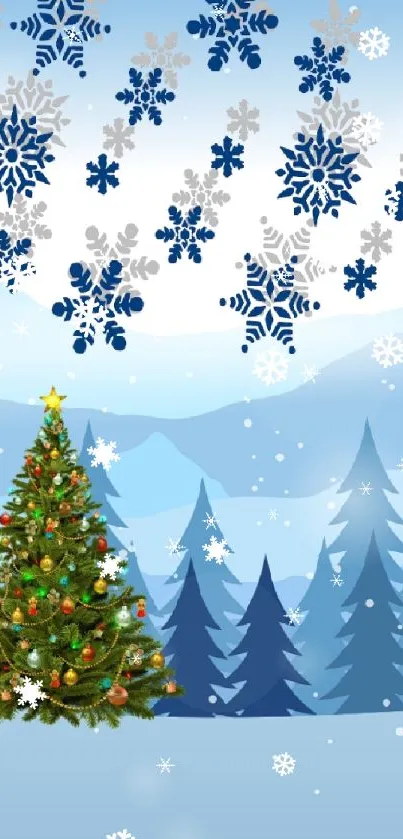 Winter scene with Christmas tree and snowflakes.