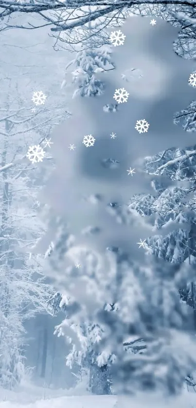 Serene snowy forest with falling snowflakes, creating a winter wonderland.