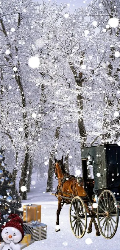 Snowy landscape with carriage and snowmen.