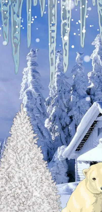 Scenic winter landscape with polar bear and snow-covered cabin in a frosty setting.