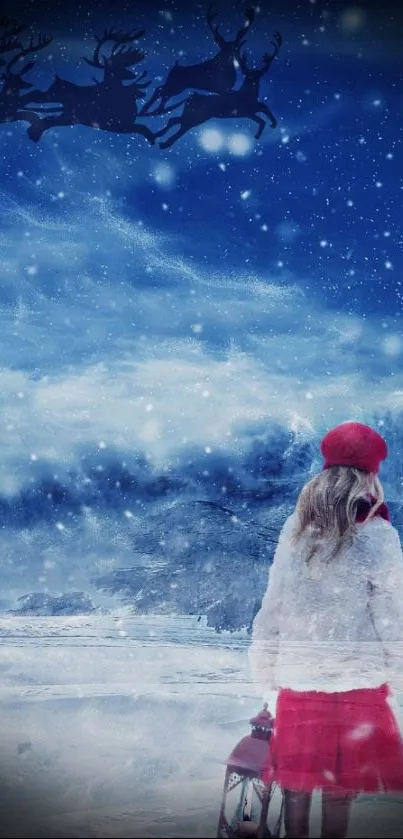 Girl in red stands in snowy landscape with reindeer overhead.