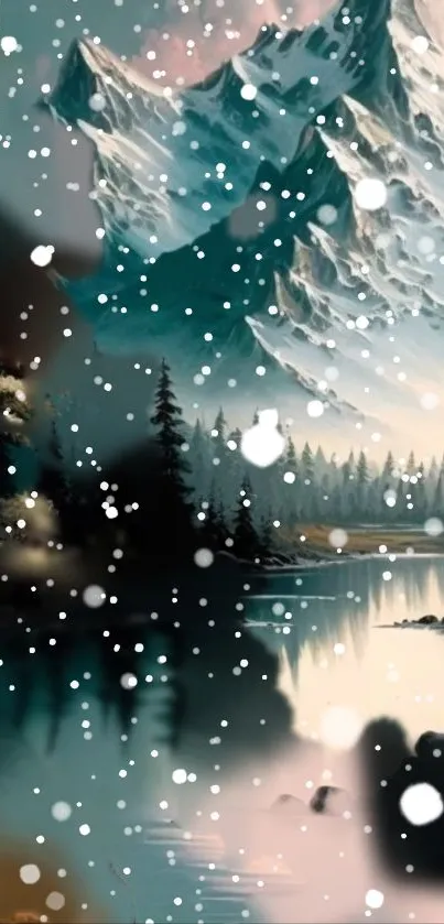 Snowy mountain landscape with lake and pine trees.