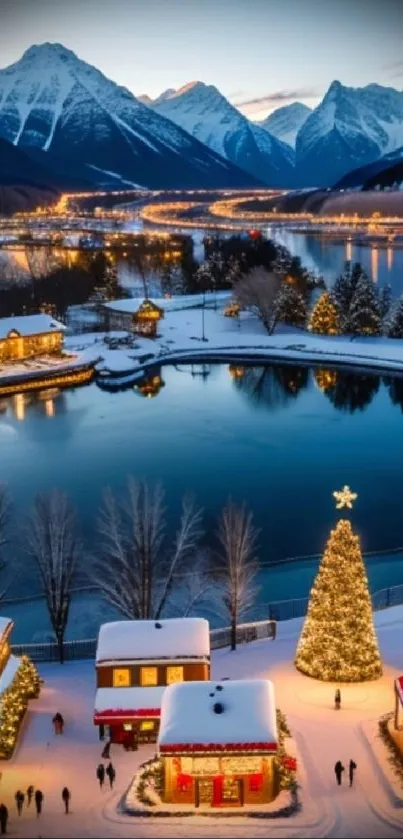 Snowy mountain village with festive lights and a serene lake view.