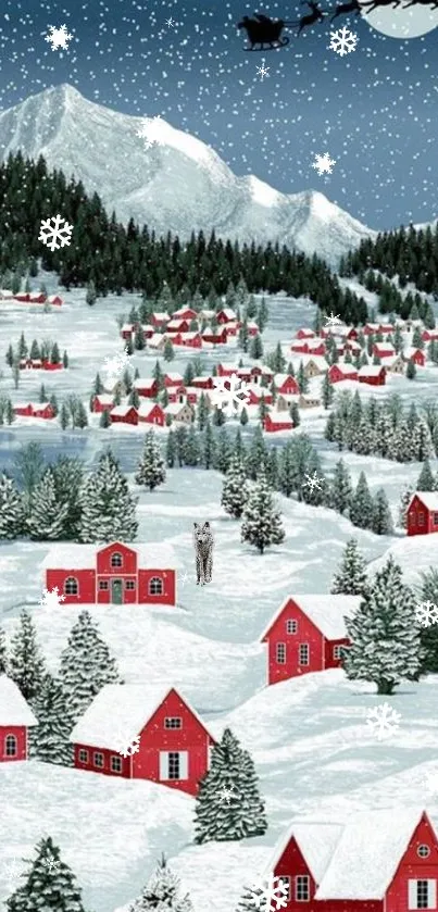Winter night scene with snowy mountains, red cabins, and Santa's sleigh.