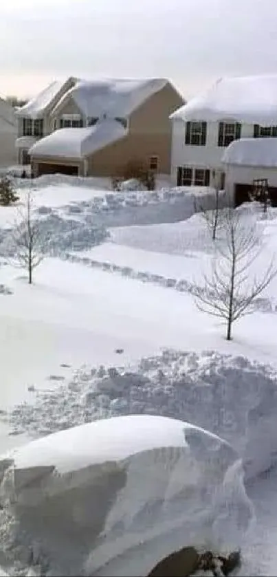 Snowy neighborhood with houses blanketed in white snow, showcasing winter serenity.