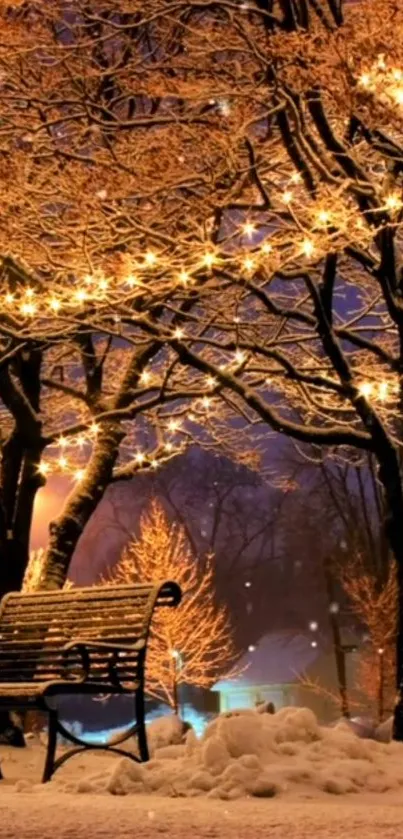 Serene snowy park with golden lights at night.