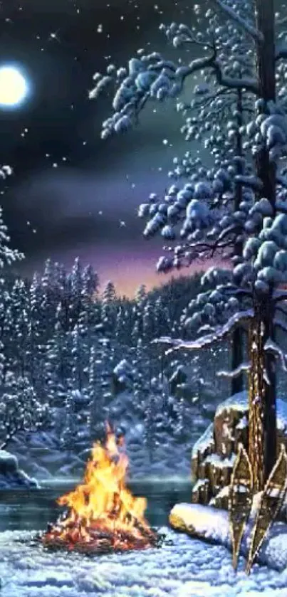 Snowy forest under a starry sky with a glowing campfire.