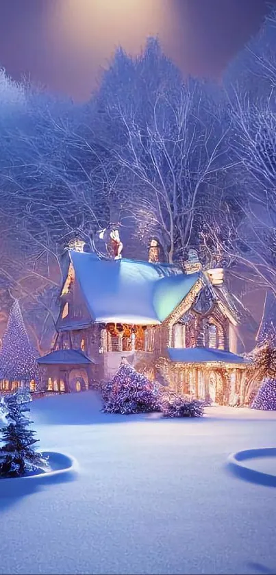 Cozy cottage under a starlit winter sky with snow-covered trees.