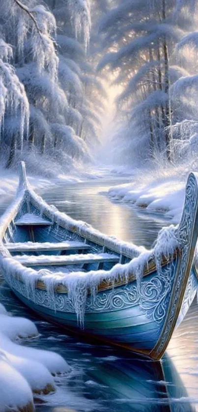 Snow-covered boat on a frosty river in a winter wonderland scene.