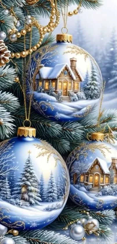 Festive ornaments depicting a snowy winter cabin scene.
