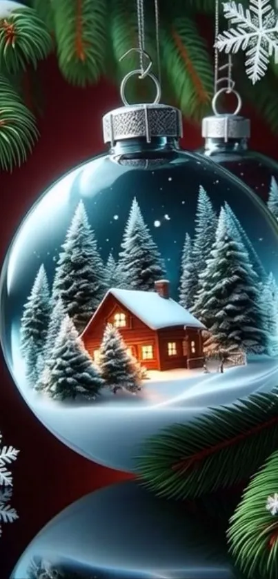Cozy cabin in snowy Christmas ornament with evergreen trees.