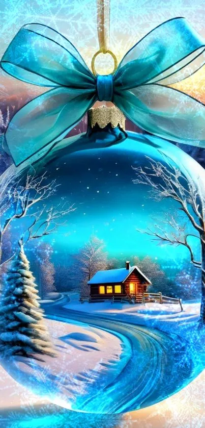 Winter scene inside a glass ornament with cabin.