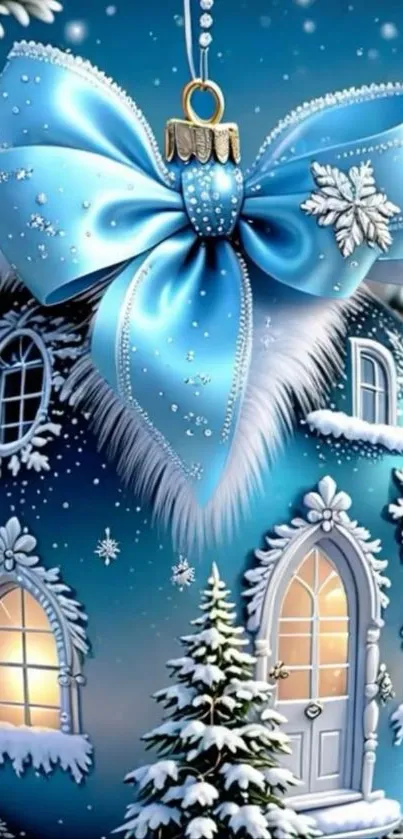 Blue ornament with snow-covered house and bow.