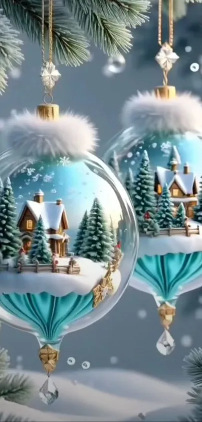 Glass ornaments depicting a winter village scene with snow-covered trees.