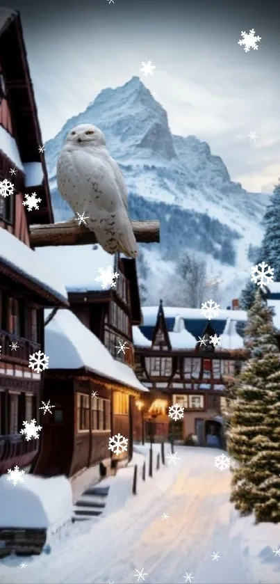 Winter scene with snowy owl in a charming village and mountain backdrop.