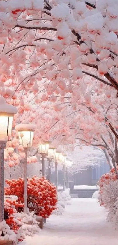 Snow-covered pathway with red blossoms and street lamps.