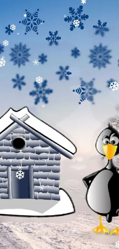 Cartoon penguin by a snowy cottage with snowflakes in a winter scene.