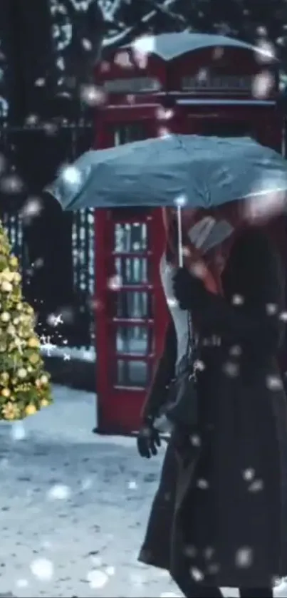 Festive London Christmas wallpaper with snow and red phone booths.