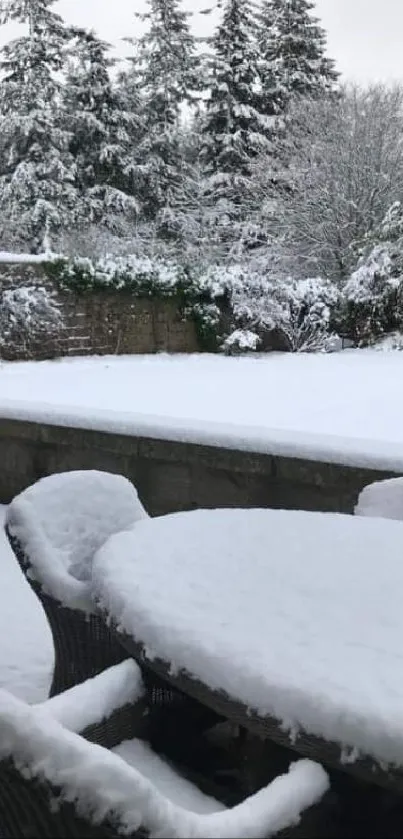 Snow-covered patio in a serene winter landscape.