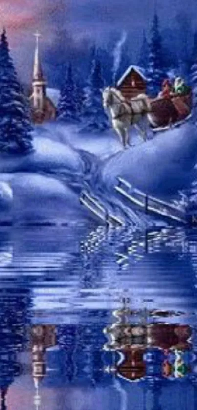 Serene winter scene with snow, sleigh, and trees reflecting in water.