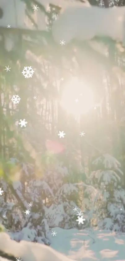 Snowy forest with sunlit branches and falling snowflakes.