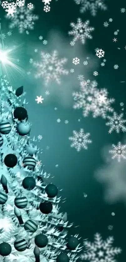 Festive wallpaper with teal Christmas tree and snowflakes.