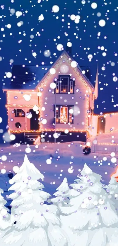 Cozy house in snowy winter with festive lights and falling snowflakes.