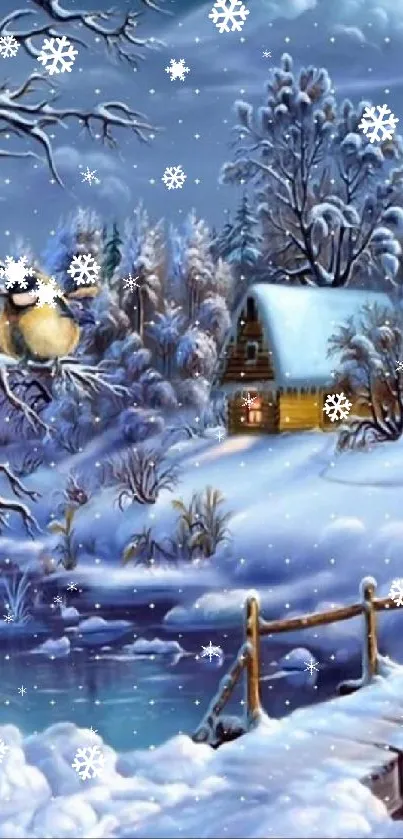 Serene snow-covered landscape with cabin and bird.