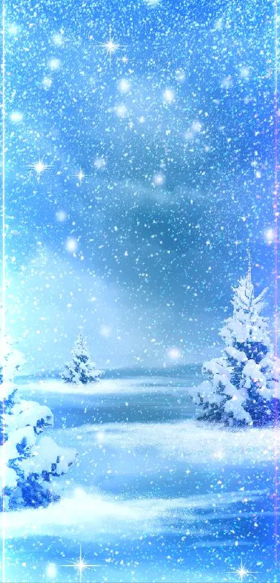 Snowy winter landscape with twinkling stars and frosty trees creating a serene view.