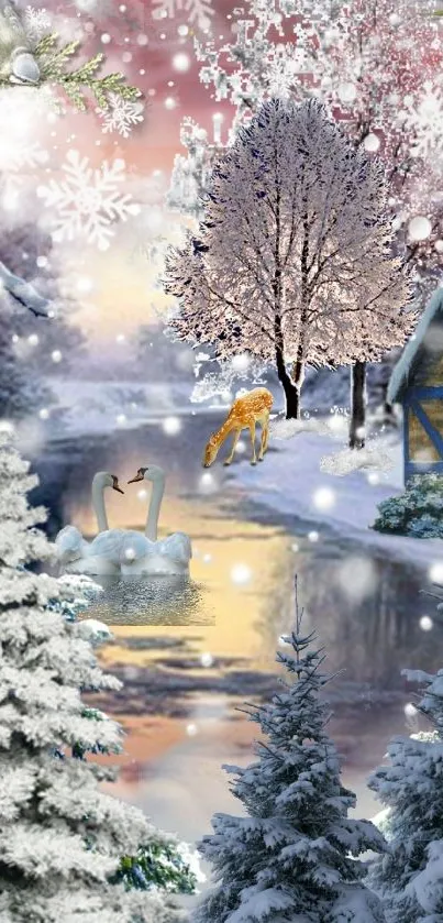 Winter landscape with snow, cabin, and wildlife creating a magical scene.