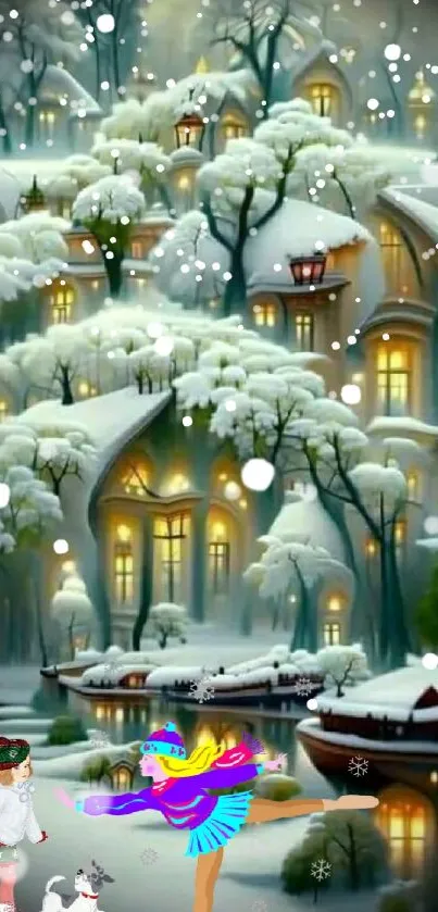 Enchanting snowy village with ice skaters and glowing lights.