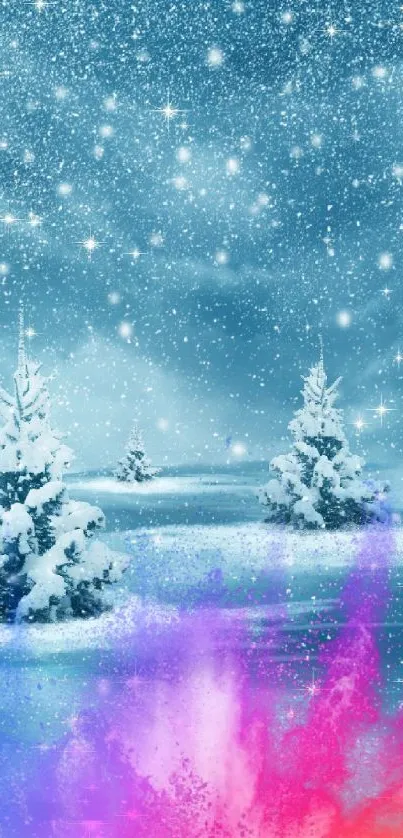 Snowy landscape with vibrant colors and starry sky on phone wallpaper.