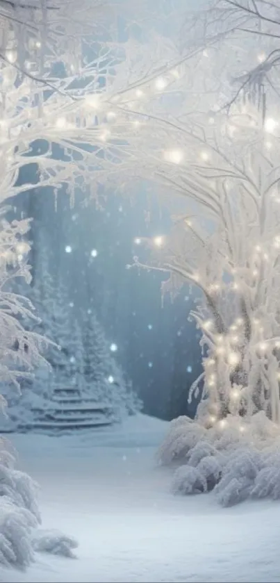 Enchanting winter scene with frosted trees and twinkling lights in a snowy forest.