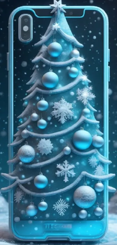 Mobile wallpaper featuring a snowy Christmas tree with ornaments.