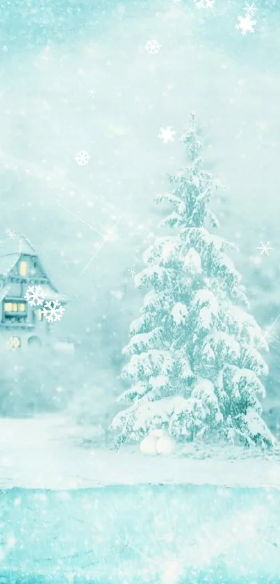 Enchanting winter scene wallpaper with a snowy landscape and cozy cabin.