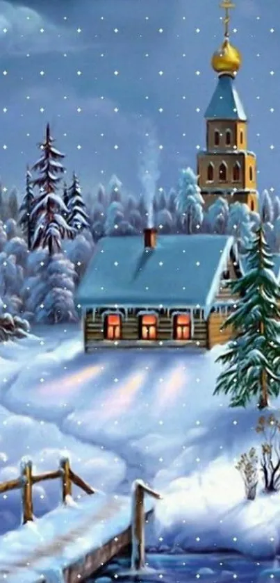 Snowy winter cabin with church in serene snowy forest.