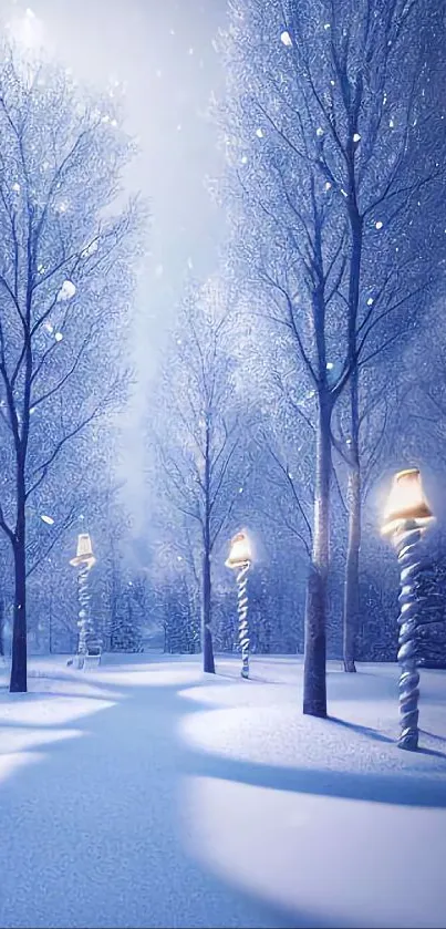 Serene winter scene with snow-covered trees and glowing lamps.