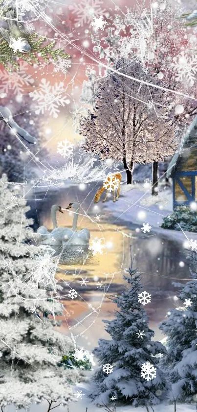 Winter scene with cabin, swans, snow, and trees on a mobile wallpaper.
