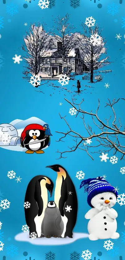 Festive winter wallpaper with snowflakes, penguins, and a snowman.