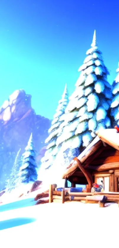 Snow-covered cabin in a blue winter landscape with frosty trees.